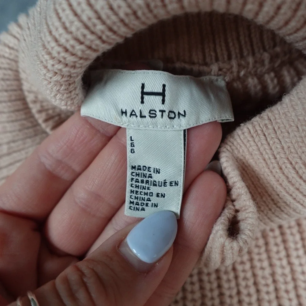 Halston Sweater Women Large‎ Pink Mock Neck Ribbed Knit Long Sleeve Cotton Blend